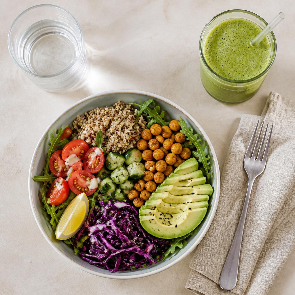 Refeição saudável com salada, suco verde e água
