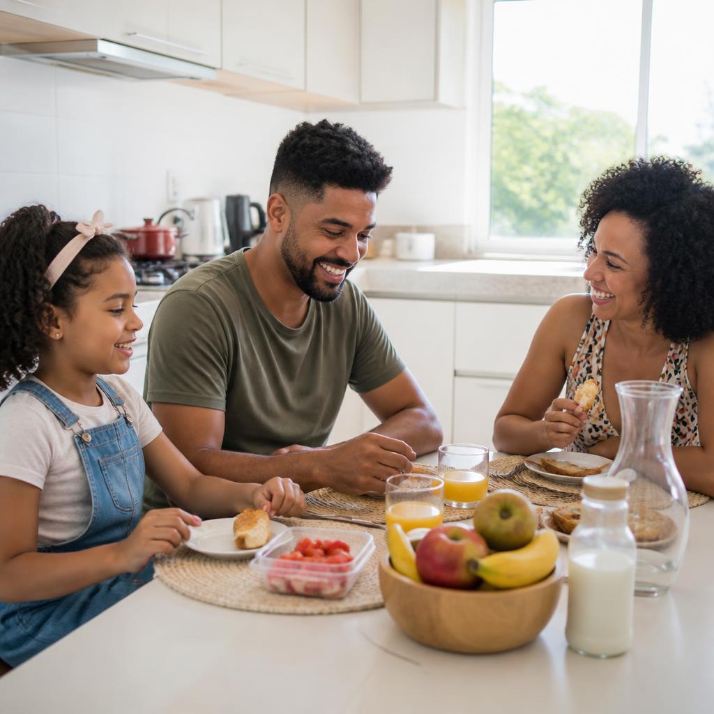 Família tomando café da manhã saudável