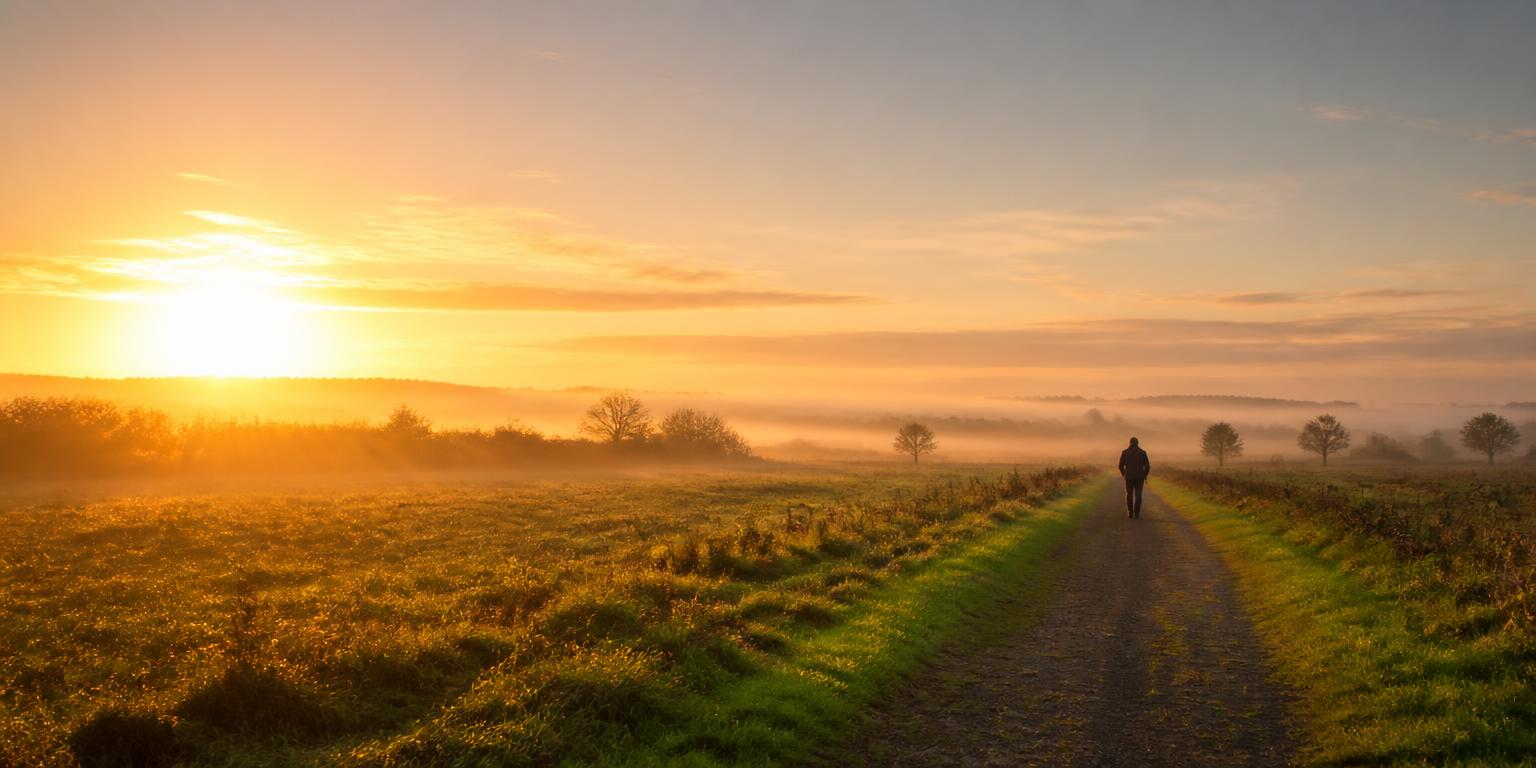 Nascer do sol sobre um campo com uma pessoa caminhando